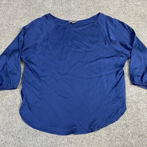 Vince Womens Shirt M Blue Silk Boat Neck 3/4 Sleeves - Picture 1 of 11